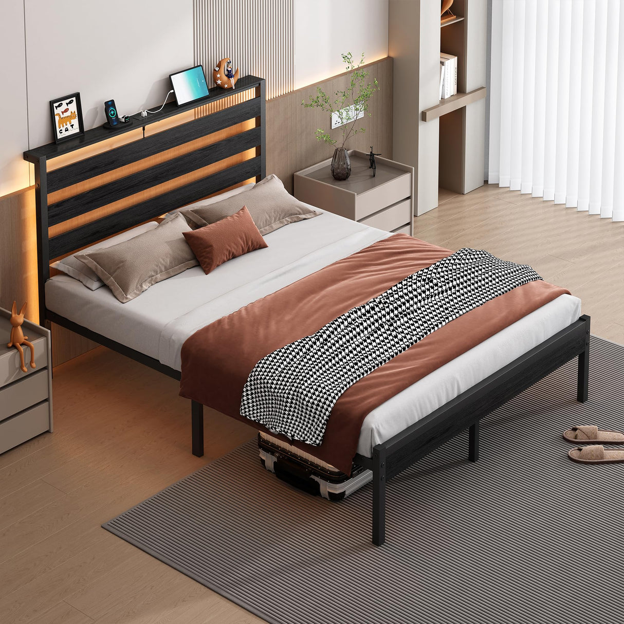 CLIBFENG 14 Inch Classic Metal Platform Bed Frame-Queen Bed Frame with Headboard,Steel Slats Support-LED Bed Frame with USB Charging Station,Under Bed Storage,No Box Spring Needed,Noise Free CLIBFENG