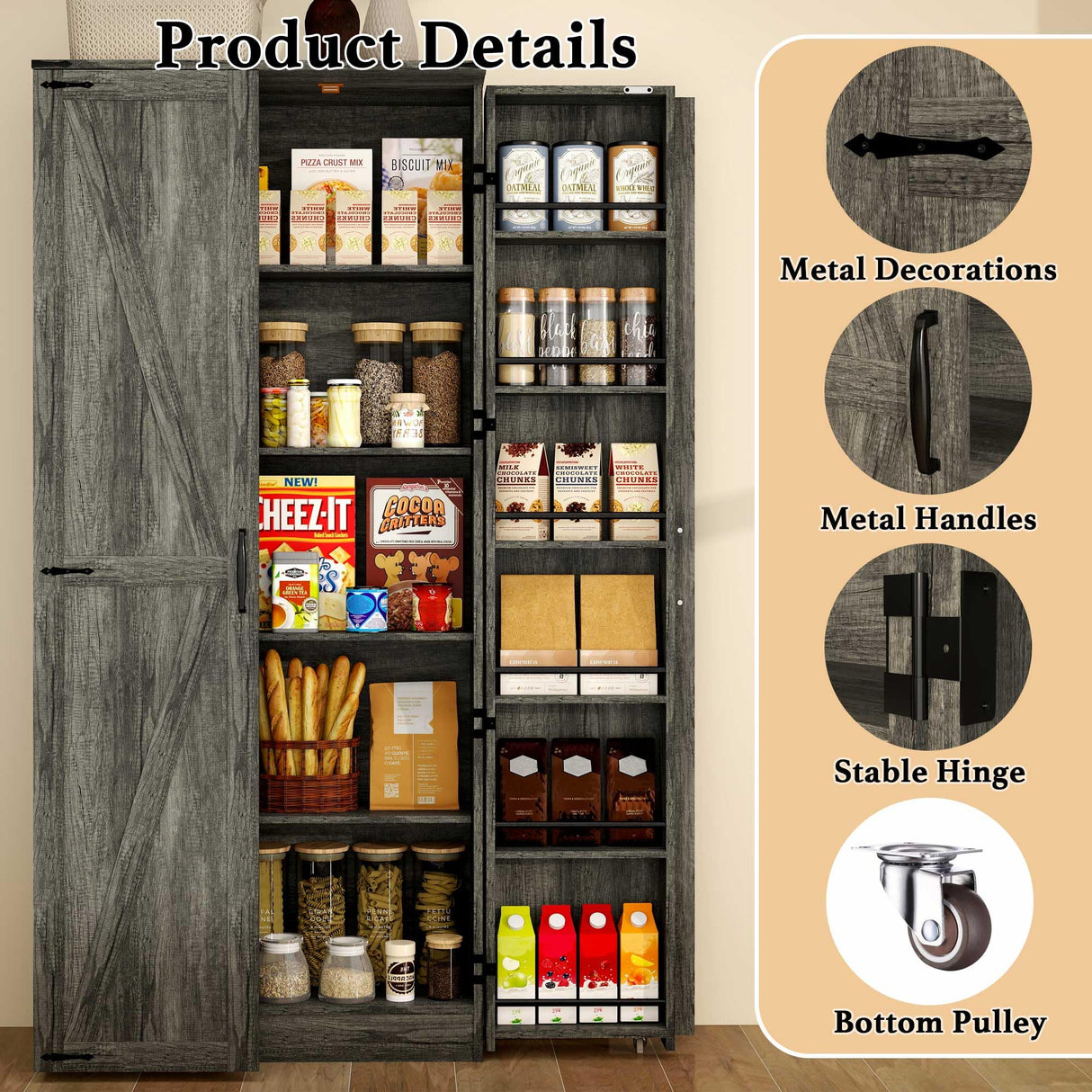Vrmuxita Tall Kitchen Pantry Cabinet: Food Pantry Cabinets for Kitchen Storage, Grey Wood Storage Cabinet with 2 Doors, Farmhouse Cabinets with Freestanding Cupboard (Grey) Vrmuxita