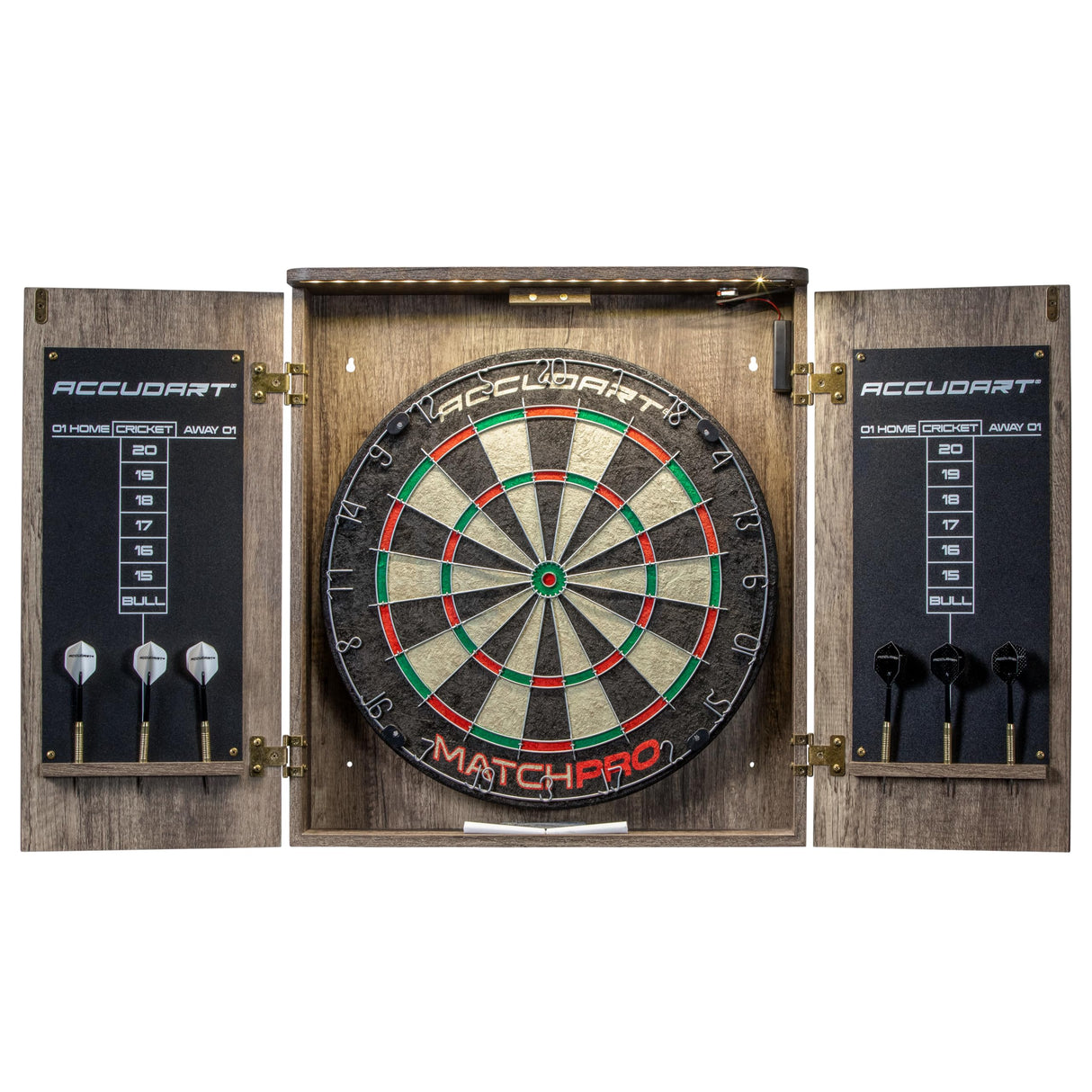 Accudart Match Pro Dartboard Cabinet Set - Official Size - Self Healing Sisal - Modern Style Woodgrain - Two Built-in Dartholders - LED Lighting - Includes Scoreboard, Chalk, Eraser, and Six Darts Accudart