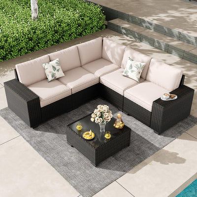 SunloungeCo 6 Pieces Outdoor Patio Furniture Set, Wicker Conversation Sets with Tea Table, Rattan Patio Sofa with Thick Cushions for Garden, Backyard Porch, Poolside,Beige