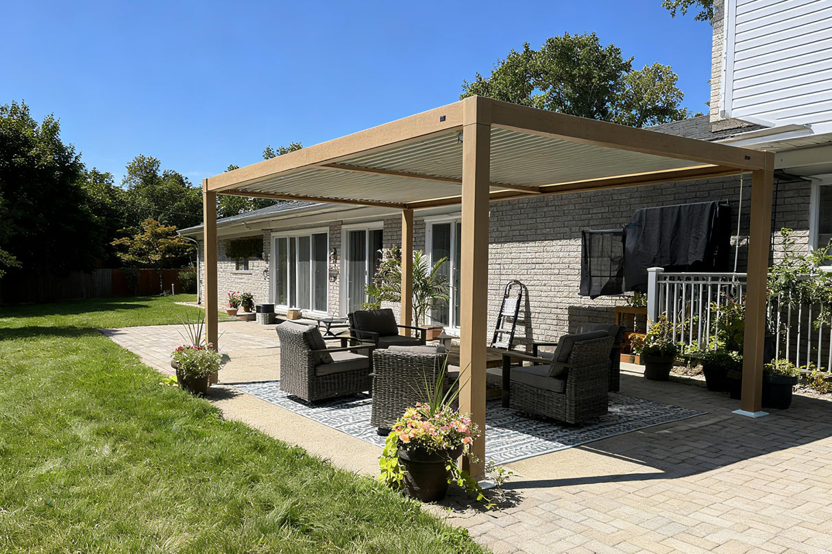 PURPLE LEAF 10' x 14' Louvered Pergola Outdoor Wood Grain Aluminum Pergola with Adjustable Roof Retractable Patio Rainproof Hardtop Gazebo for Deck Backyard Garden PURPLE LEAF