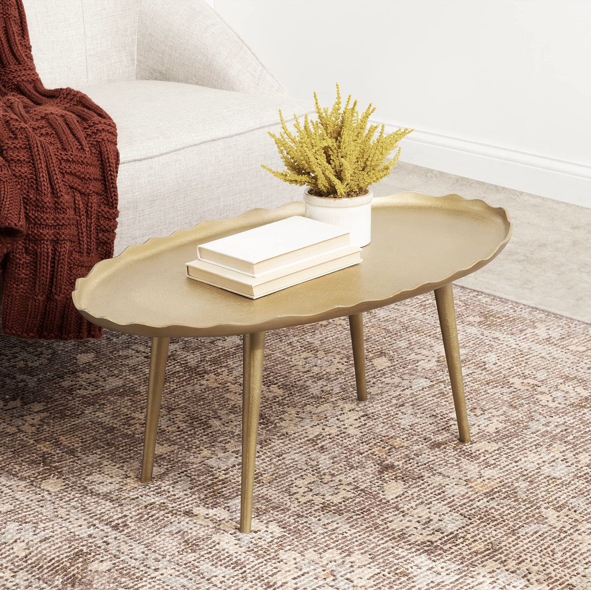 Kate and Laurel Alessia Modern Glam Oval Coffee Table, 34 x 20 x 15, Gold, Metal Living Room Table for Storage and Display with Antique Deckled Edge Detailing Kate and Laurel