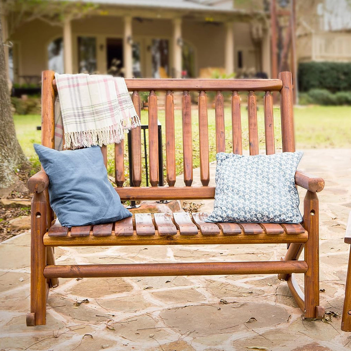 Leigh Country Double Porch Rocking Chair with Curved Seat Slats, Wide Seat, and Stained Finish for Lawn, Garden, and Patio Spaces, Honey Leigh Country