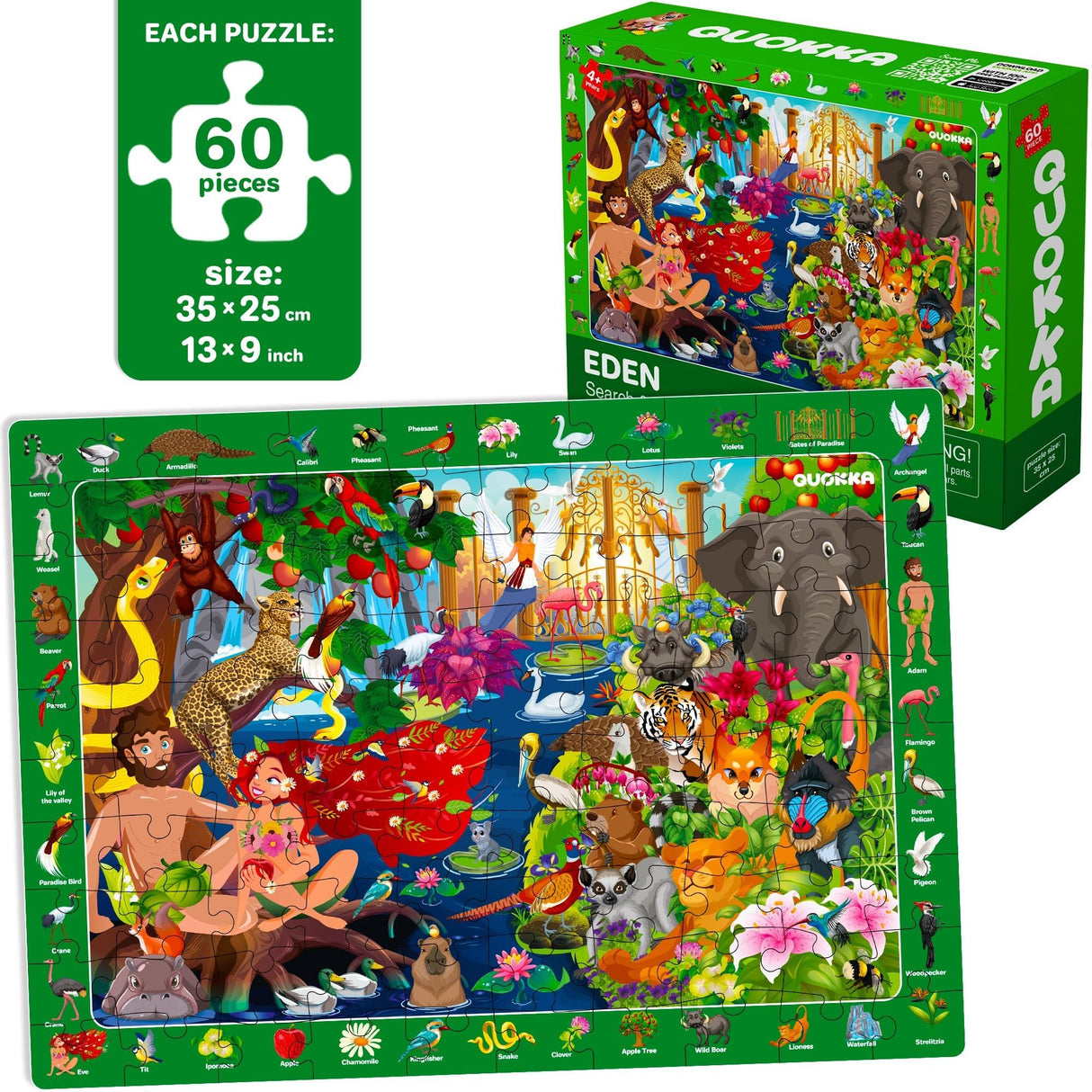 QUOKKA 60 Piece Kids Puzzles Ages 5-8 - Set of 4 Bible Jigsaw Puzzles for Kids 4-6-10 Year Old - Tower of Babel | Noah`s Ark | Eden Toys for Children 5-7 yo - Christian Gifts for Boys & Girls QUOKKA