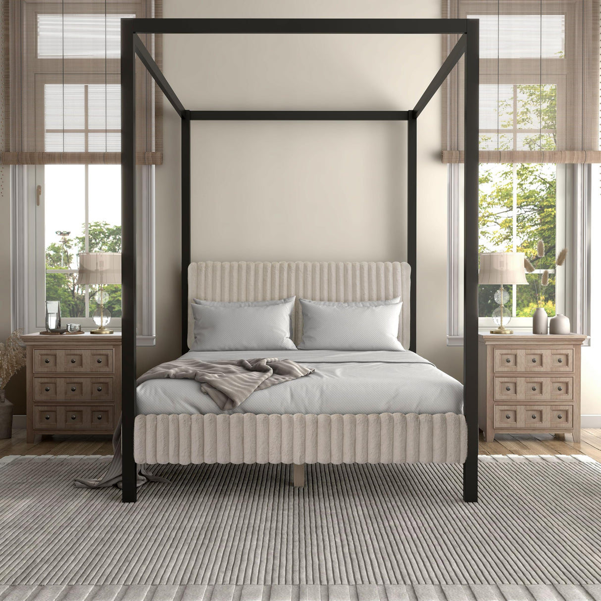 Evadne Modern Canopy Bed Frame Queen Size in Light Brown with Upholstered Channel Headboard and Wooden Slats Support HOMES: Inside + Out