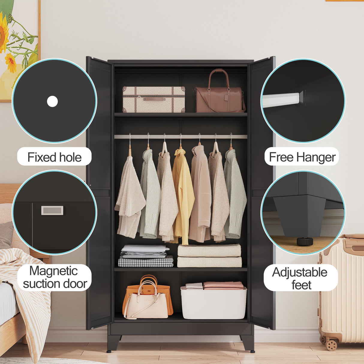 erosoei 71 "Metal Armoire Wardrobe Closet, Steel Clothing Storage Cabinet with Adjustable Shelves and Hanging Rod, Household Steel Wardrobe Storage Cabinet with Adjustable Standing feet(Black) erosoei