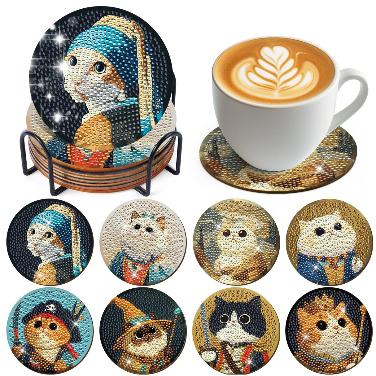 Sitsink Funny Cat Diamond Art Coasters - 8 Pcs DIY Cute Cat Funny Adult Diamond Painting Coasters Kits with Holder for Adults Beginners Animal Lover Gift Crafts Supplies Sitsink