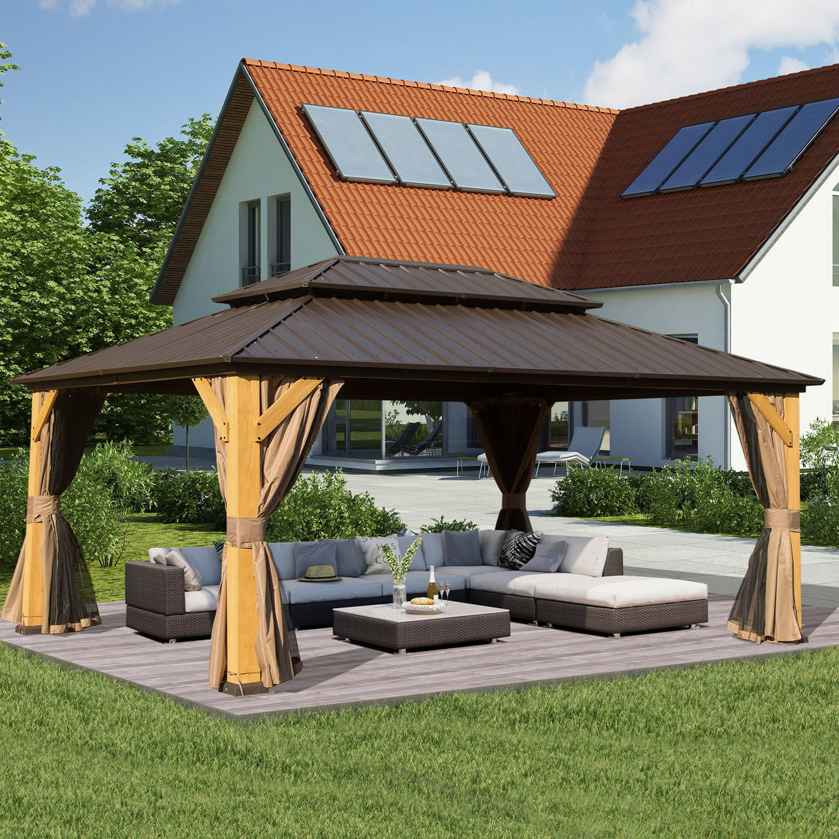 Domi 12x16FT Cedar Wood Gazebo, Solid Wood Hardtop Gazebo with Galvanized Steel Double Roof, Netting & Curtains, Outdoor Gazebo for Patio, Backyard, Deck, Lawns domi outdoor living