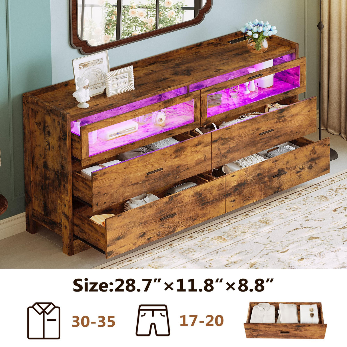 LIKIMIO 6 Drawer 59" Dresser with LED and Power Strip, Wood Dressers & Chests of Drawers for Bedroom Living Room, Rustic Brown LIKIMIO