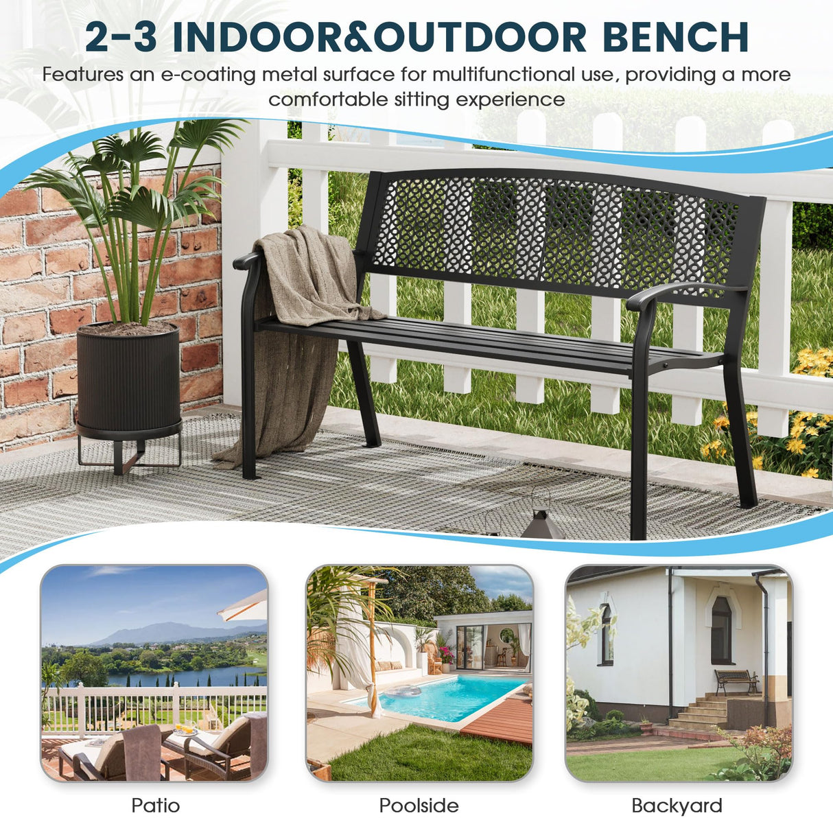 VOXBIN Outdoor Bench, 50 inches Metal Garden Bench, Cast Iron Steel Frame Patio Chairs w/Oval Pattern Backrest for Park, Yard, Porch, Lawn, Balcony, Backyard, Black VOXBIN