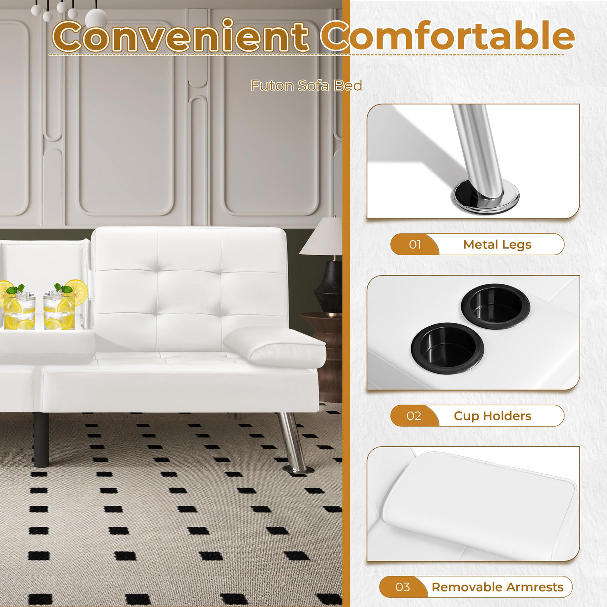 VICTONE Futon Sofa Bed Modern Faux Leather Couch Bed Convertible Folding Recliner for Living Room with 2 Cup Holders and Armrest (White) VICTONE