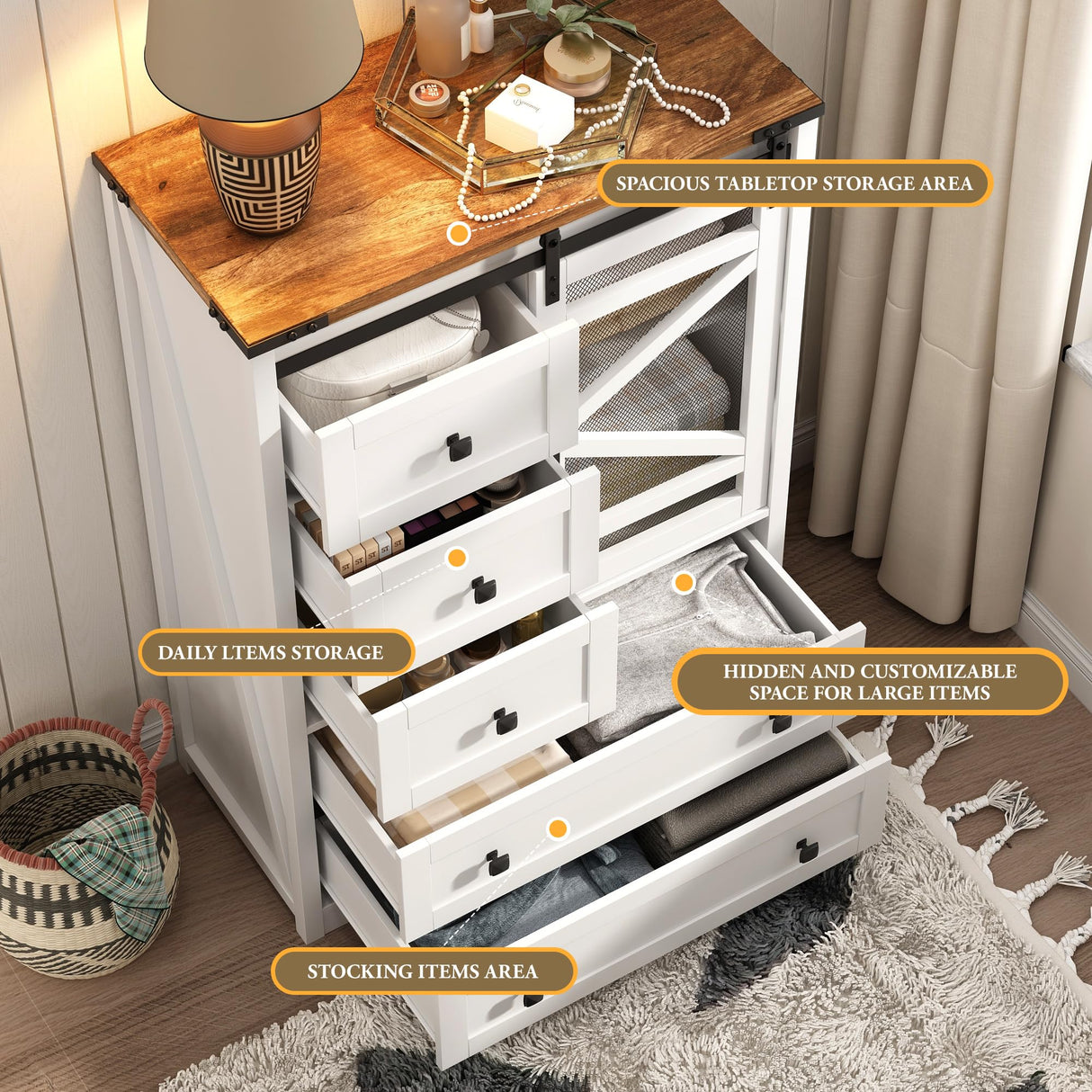 Vabches 5 Drawer Dresser, Sliding Barn Door, Farmhouse Tall Dresser Tall Chest of Drawers Storage Organizer Dresser for Bedroom Living Room, Entryway, White Vabches