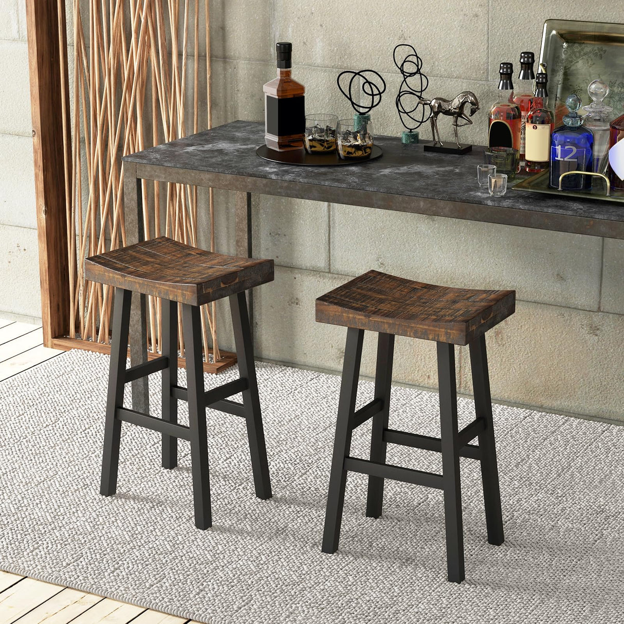 COSTWAY Wooden Saddle Stools Set of 2, 29-inch Bar Height Stools with Curved Seat Surface, Rubber Wood, Acacia Wood, Footrests, Kitchen Island Counter Stools for Restaurant Cafe Pub, Brown+Black COSTWAY