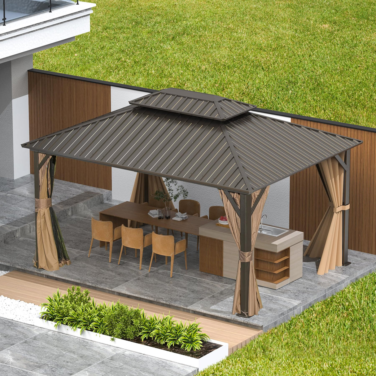 Domi 10'x14' Hardtop Gazebo Canopy Metal,Outdoor Aluminum Gazebo with Galvanized Steel Double Roof,Curtain and Netting,Permanent Gazebo Pavilion for Patio Deck,Backyard domi outdoor living