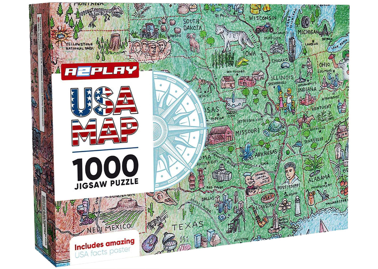 A2PLAY USA Map Puzzle 1000 Piece for Adults, United States of America, Patriotic Jigsaw Puzzle & Bonus Fact Poster, Premium Materials, 27.5 x 19.7 in A2PLAY