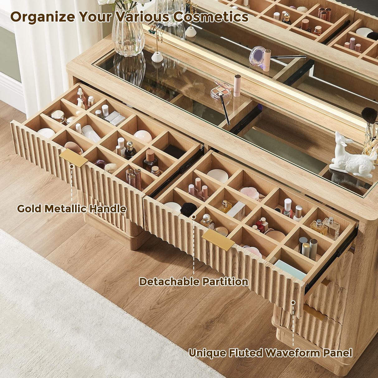 T4TREAM 48" Fluted Makeup Vanity Desk with Large Led Lighted Mirror, Modern Vanity Table with 8 Drawers & Charging Station, Glass Top Dressing Table for Bedroom, Natural Oak T4TREAM