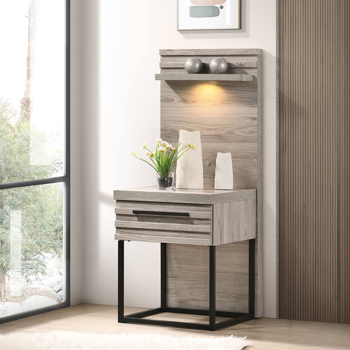 Roundhill Furniture Alvear Upholstered Wood Wallbed Bed with White LED Lights, 2 Nightstand, King, Weathered Gray Roundhill Furniture