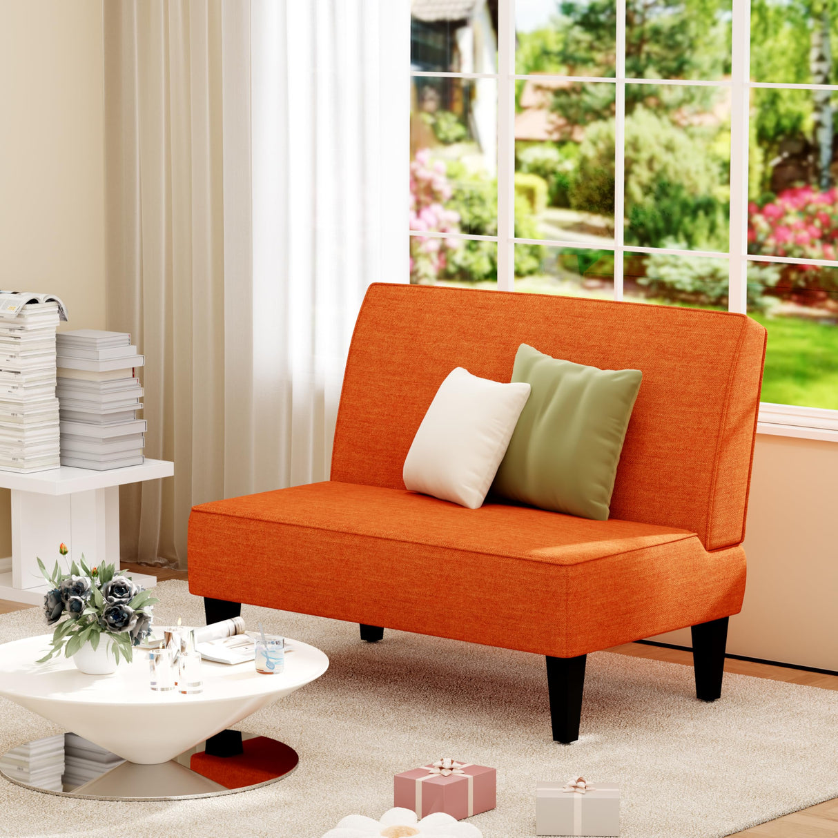 Changjie Furniture Small Loveseat Sofa Upholstered Mini Couch for Small Spaces 2-Seater Sofa Couch with Wooden Legs for Bedroom Living Room (Orange) Changjie Furniture