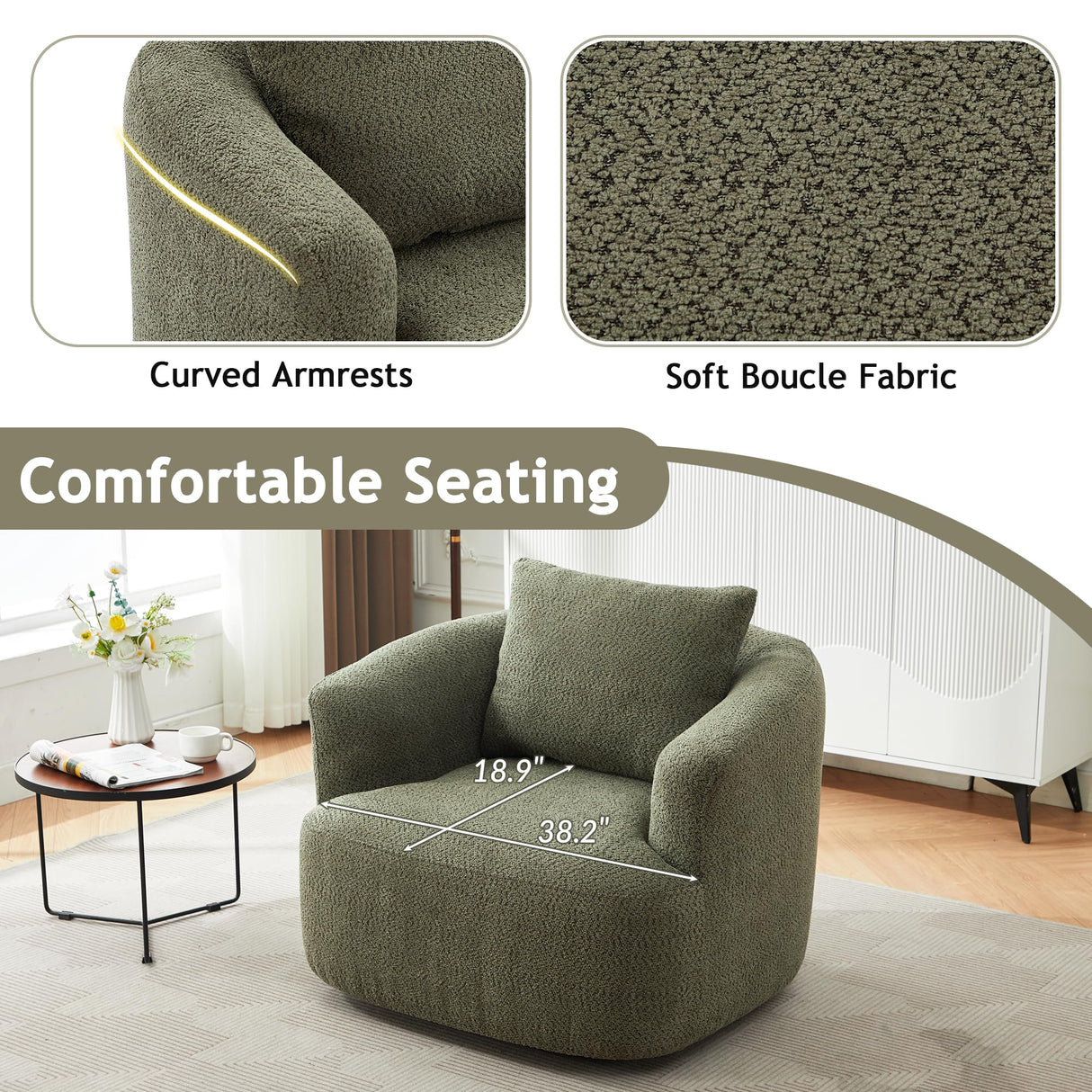 Merax Modern Cozy Chenille 360° Swivel Sofa Chair w/a Throw Pillow, 38.2" Upholstered Leisure Barrel Accent Armchair with Deep Seating for Living Room Bedroom,Office, Hotel, Easy Assemble, Green Merax