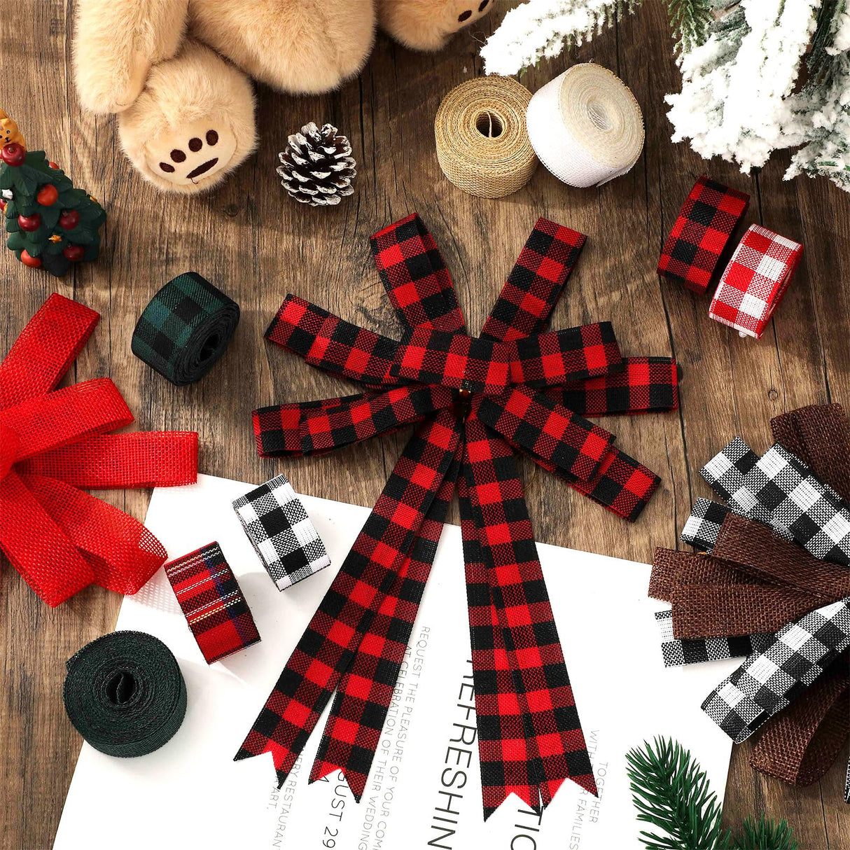 Whaline 10 Rolls 50 Yard Christmas Plaid Burlap Ribbon Rolls 1 Inch Gift Wrapping Ribbon Winter Xmas Decorative Ribbon for DIY Crafts Wreath Bow Making Supplies Whaline