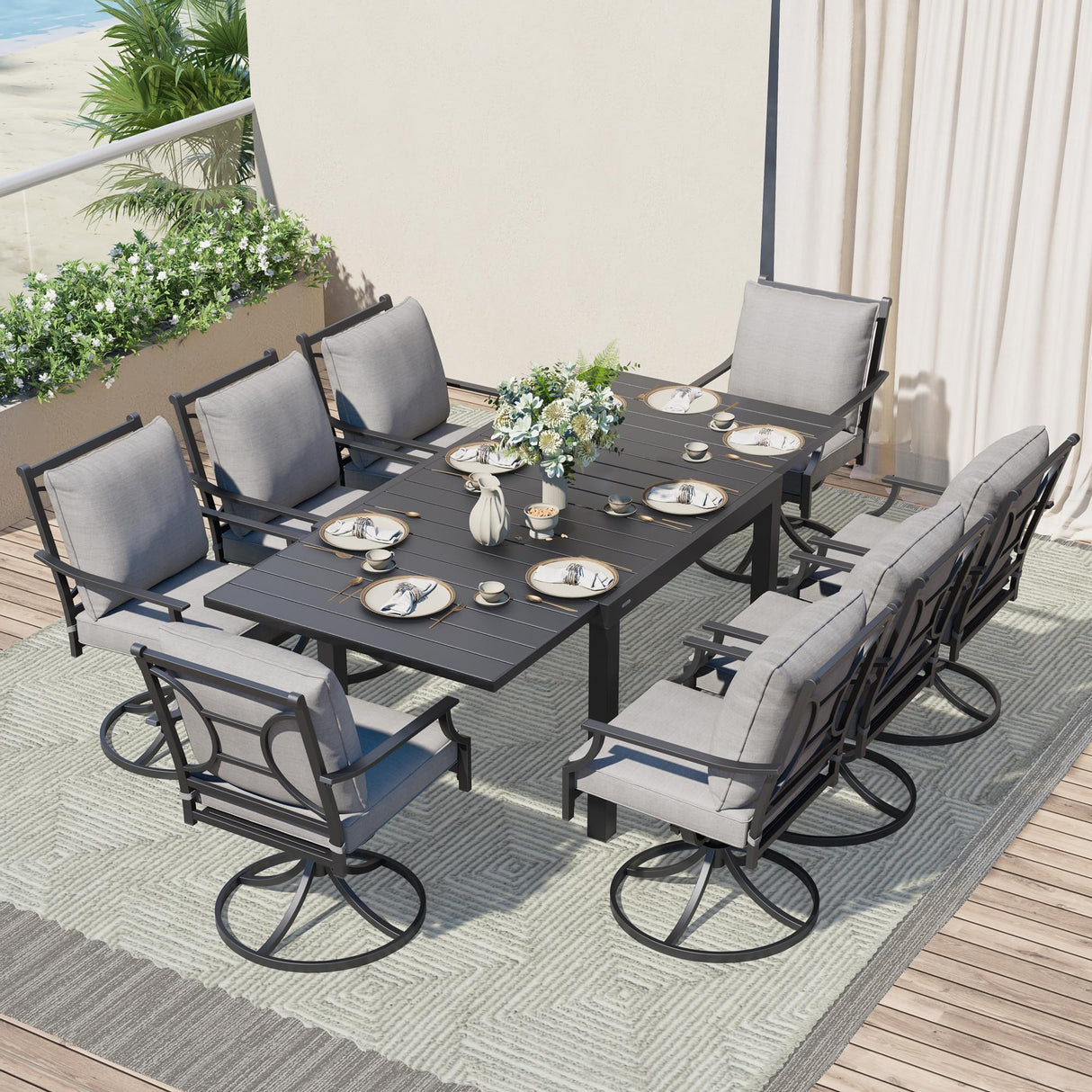 Grand patio 9-Piece Patio Dining Set for 8, E-Coated Outdoor Dining Set Swivel Patio Dining Chairs with Olefin Cushions & 1 Black Extendable Rectangular Faux Woodgrain Table for 6-8 Person Grand patio