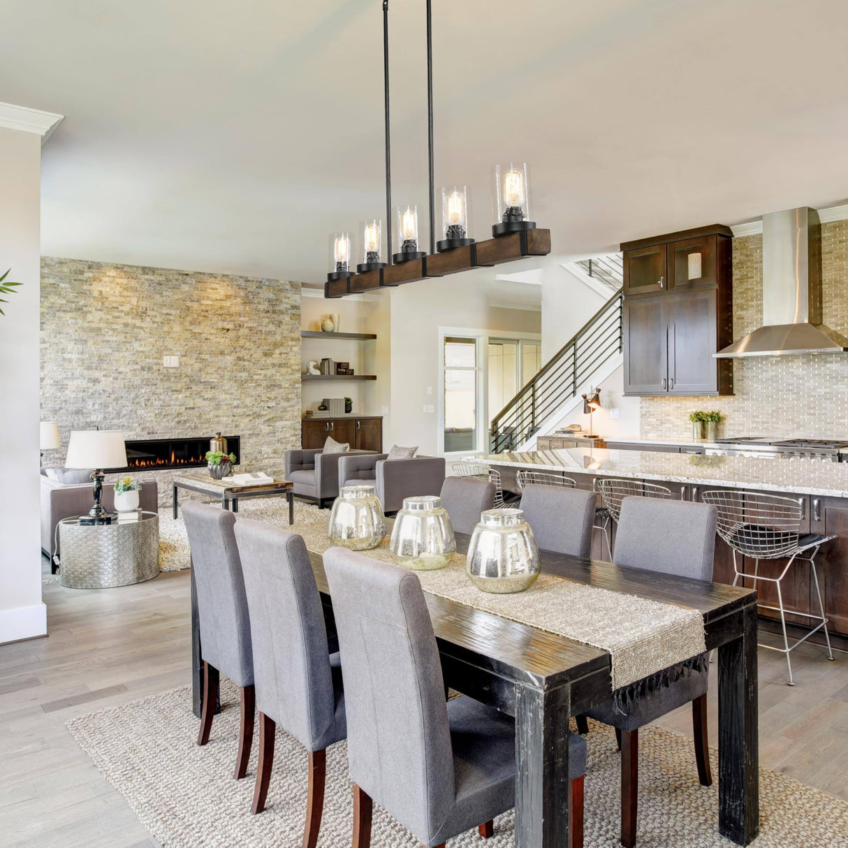 LALUZ 5-Light Kitchen Island Lighting, Farmhouse Wood Linear Dining Room Chandelier Over Table with Seeded Glass Shade, 42.9'' Large Rustic Wooden Chandeliers Light Fixtures for Dining Room LALUZ