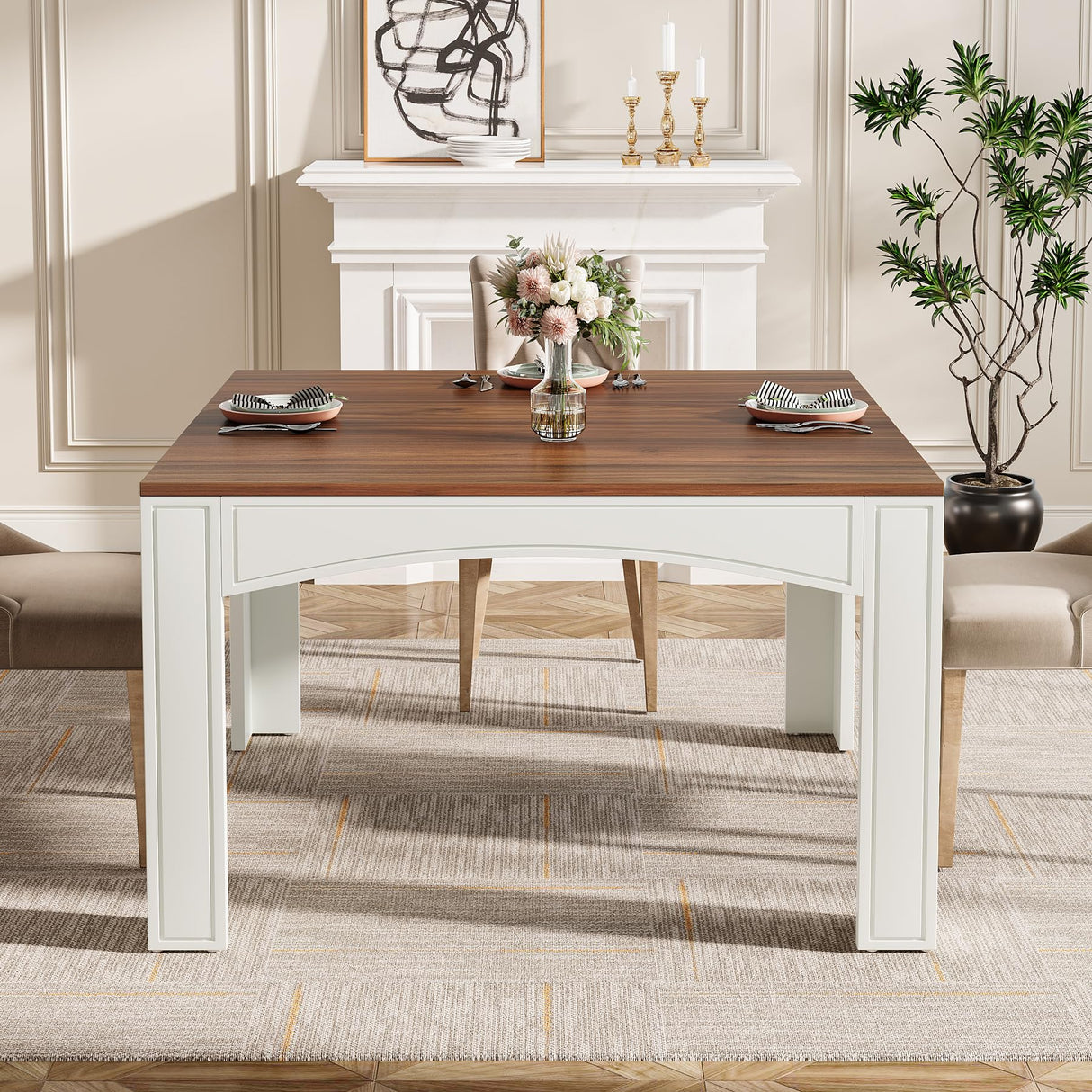 Tribesigns Square Dining Table for 4 Person, 39.4" Farmhouse Wood Kitchen Table Dinner Table for Dining Room, Small Space, Walnut + White Tribesigns