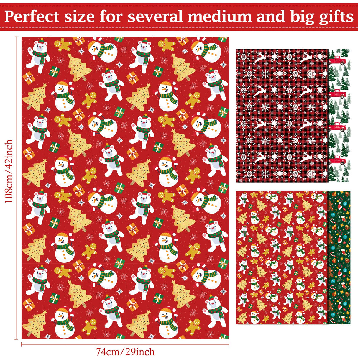 OHOME Christmas Wrapping Paper - Jumbo Sheets 29" x 42" | Gift Bags | Red, Green and White Tissue Paper - Xmas Decorations, Gifts for Kids Men Women | Party Favors OHOME