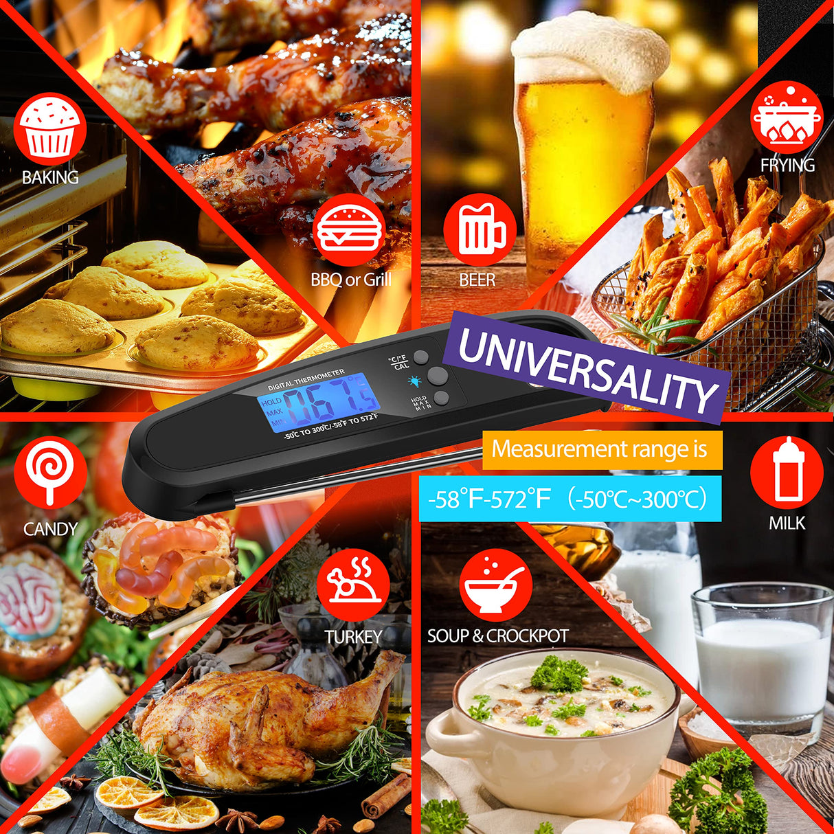 POWLAKENXS Instant Read Meat Thermometer for Kitchen Cooking, Ultra Fast Precise Waterproof Digital Food Thermometer with Backlight, Magnet and Foldable Probe for Deep Fry, Outdoor BBQ, Grill (Black) POWLAKENXS