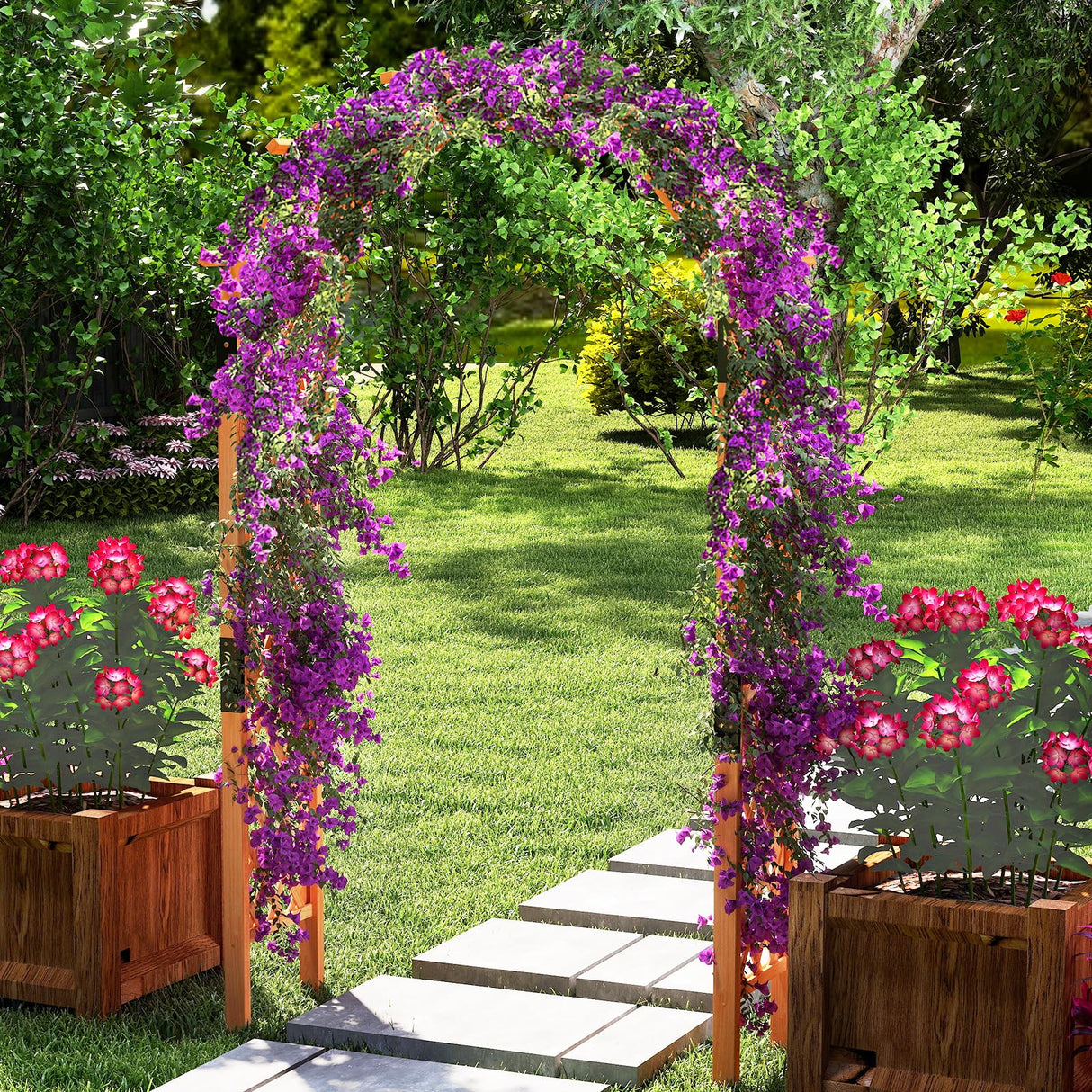 HAPPYGRILL 7.7 FT Wooden Garden Arbor, Outdoor Wood Garden Trellis for Climbing Plants, Wedding Arch Pergola for Ceremonies Parties, Solid Wood Backdrop Stand, Greenhouse Patio Lawn Decoration HAPPYGRILL