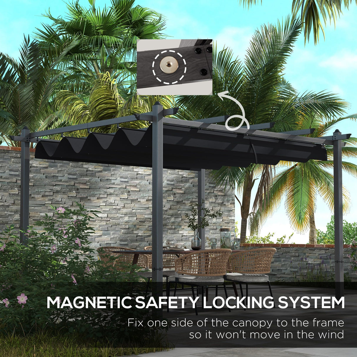 Outsunny 10' x 12' Retractable Pergola Canopy, Wood Grain Aluminum Pergola, Outdoor Sun Shade Shelter for Grill, Garden, Patio, Backyard, Deck, Gray Outsunny