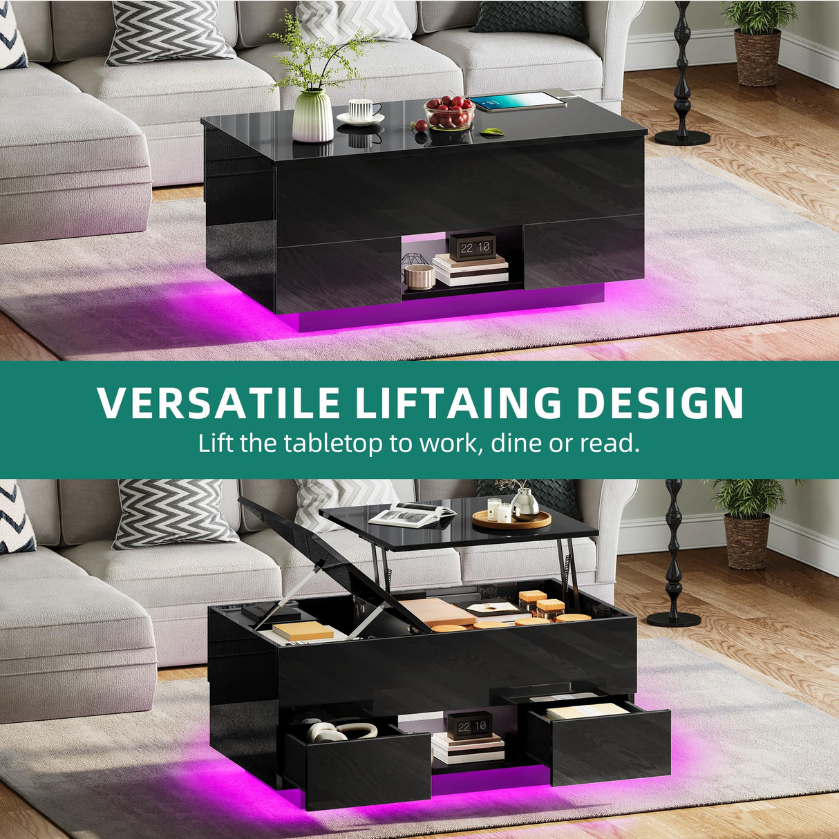 YITAHOME LED Lift Top Coffee Tables for Living Room with Power Outlets Charging Station, Modern Coffee Table with Storage 2 Drawers & Open Shelfs Rectangular Small Center Cocktail Table, Glossy Black YITAHOME