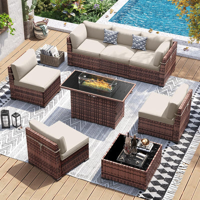 UDPATIO Patio Furniture Set with 44'' Fire Pit Table,Modular Outdoor Furniture Sets,Slanted Back Outdoor Sectional Conversation Set PE Rattan Sofa for Backyard W/Coffee Table,4'' Cushions,8 PCS,Khaki