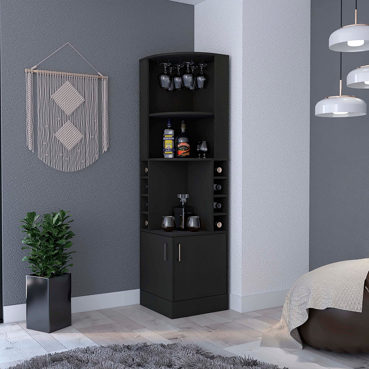FM FURNITURE Delhi Corner Bar Cabinet, Eight Wine Cubbies, Glass Rack, Double Door Cabinet for Living Room FM FURNITURE