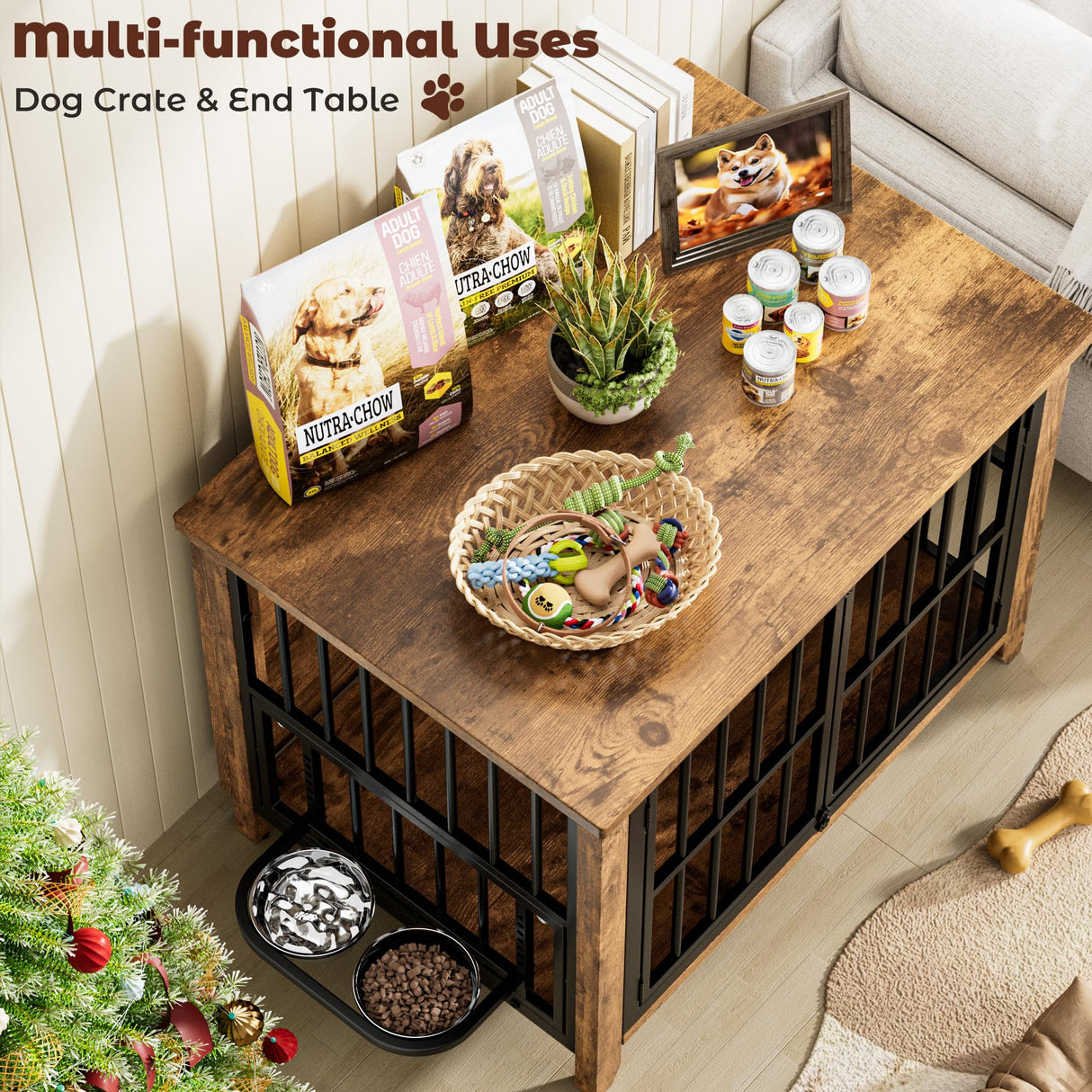 Lulive Dog Crate Furniture, Wooden Dog Kennel Indoor with Adjustable 360°& Height Dog Bowls, Double Doors Furniture Dog Crates End Table for Small/Medium 31.5" L*22.5" W*25.6" H, Brown Lulive