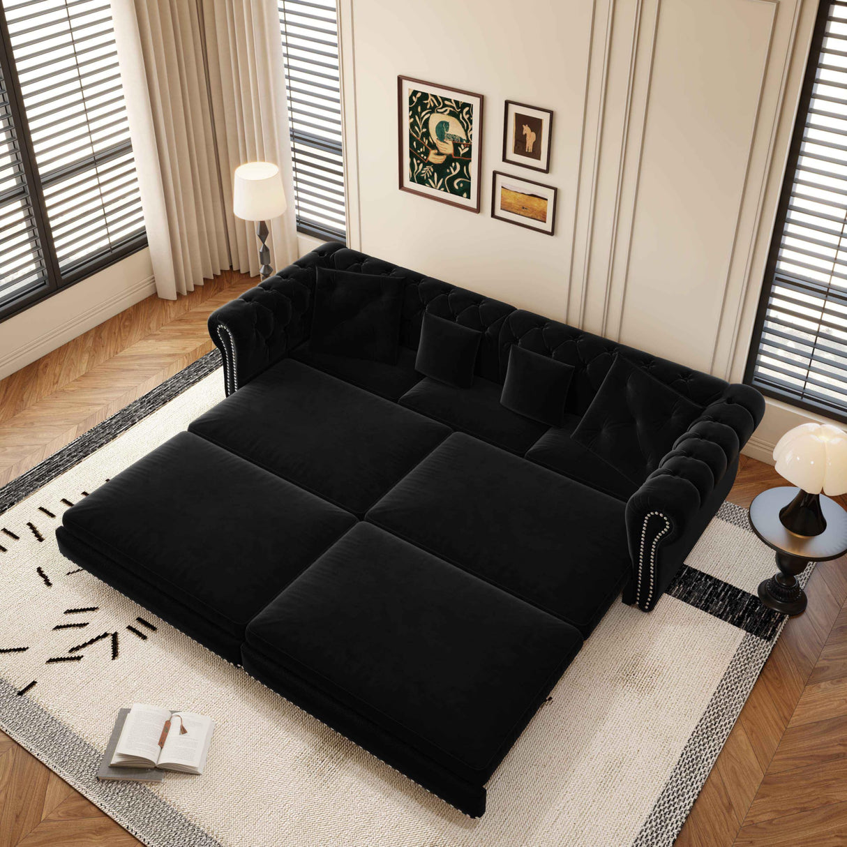 Tabaray 89'' Pull 0ut Sofa Bed King, Chesterfield Velvet Sleeper Sofa, Convertible L-Shaped Futon Couch, Tufted Back, 4 Pillows, Ottoman, Deep Seat Loveseat Couches for Living Room, Apartment, Black Tabaray