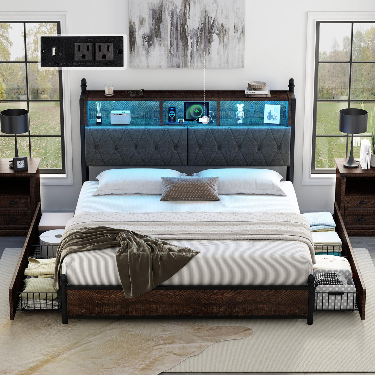 AMERLIFE King Size Bed Frame with Bookcase Headboard, 4 Storage Drawers, Wooden Platform Bed with Charging Station & LED Light, No Box Spring Needed, Noise-Free, Rustic Brown AMERLIFE