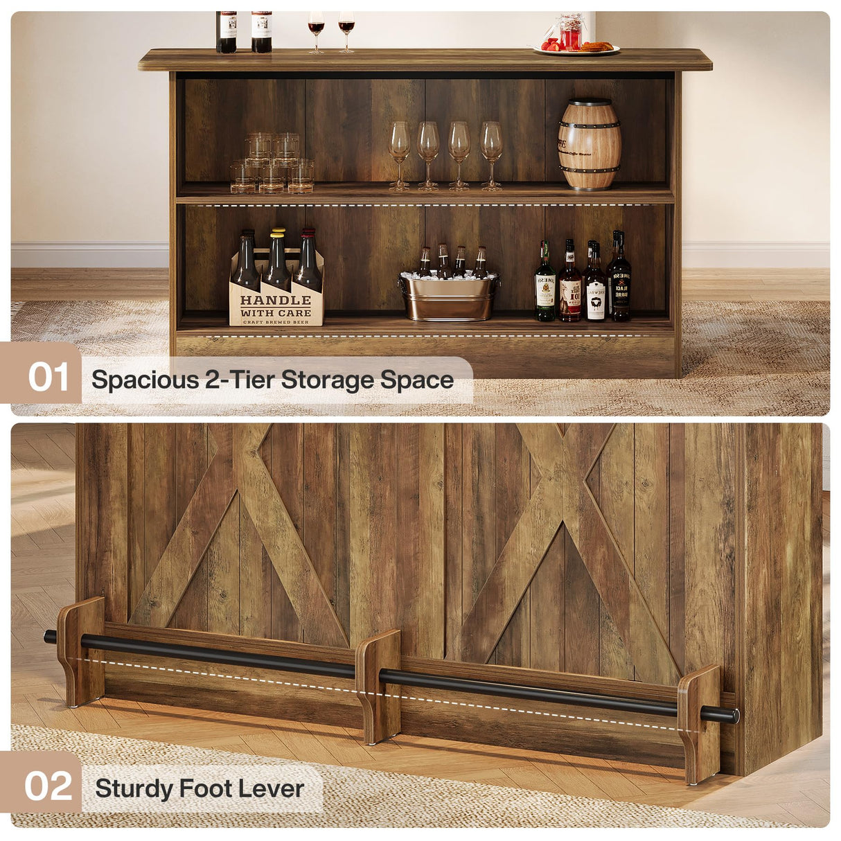 Tribesigns 63-Inch Bar Table, 2-Tier Bar Cabinet Height Pub Table with Footrest, Modern Coffee Cabinet for Home Kitchen, Large Home Unit Liquor Furniture, Bistro, Dining Room, Living Room, Brown Tribesigns