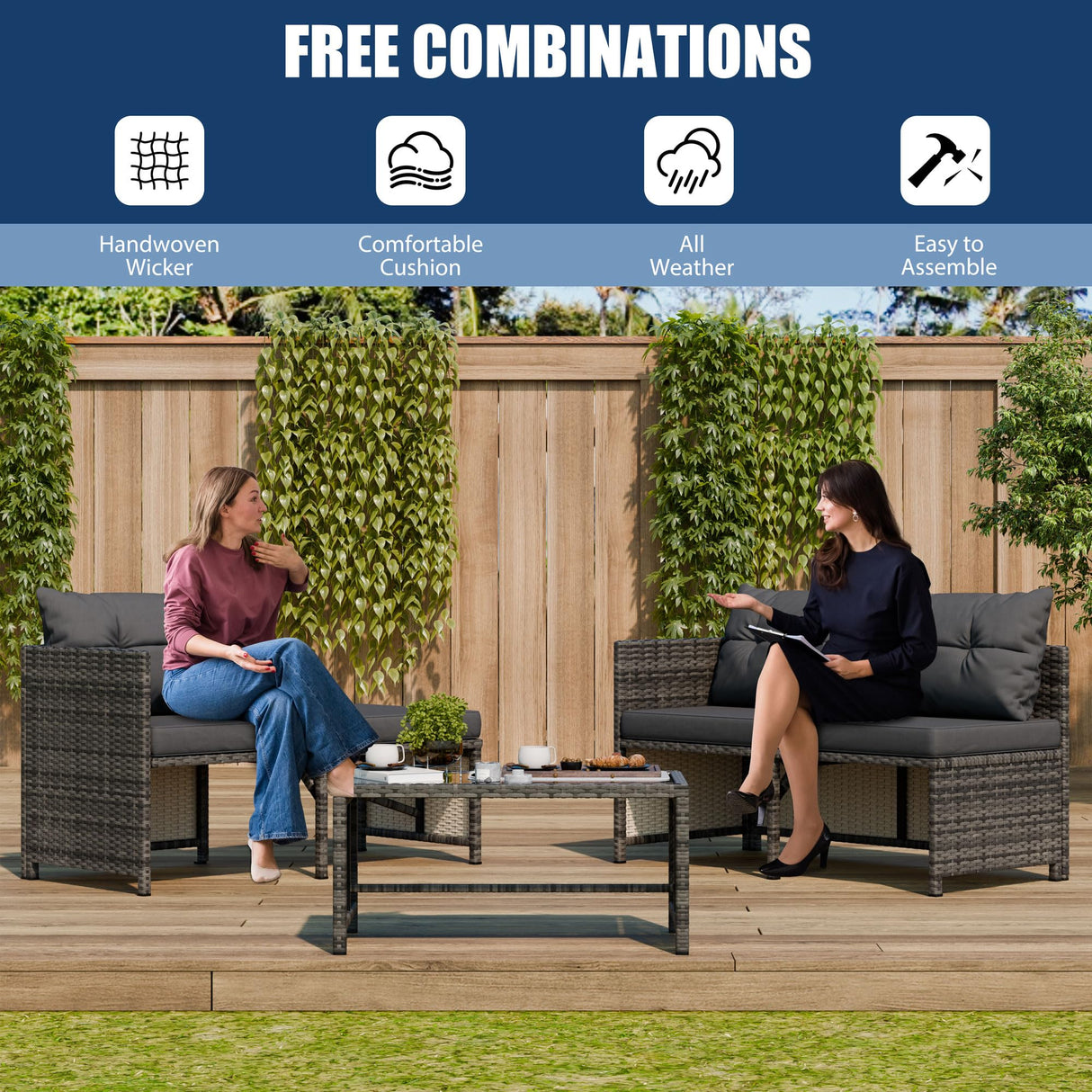 Vongrasig 3 Piece Patio Furniture Sets, All-Weather Wicker Outdoor Sofa Couch Sectional Set, Small Conversation Set for Patio, Garden w/Cushion, Glass Table, (Grey) Vongrasig