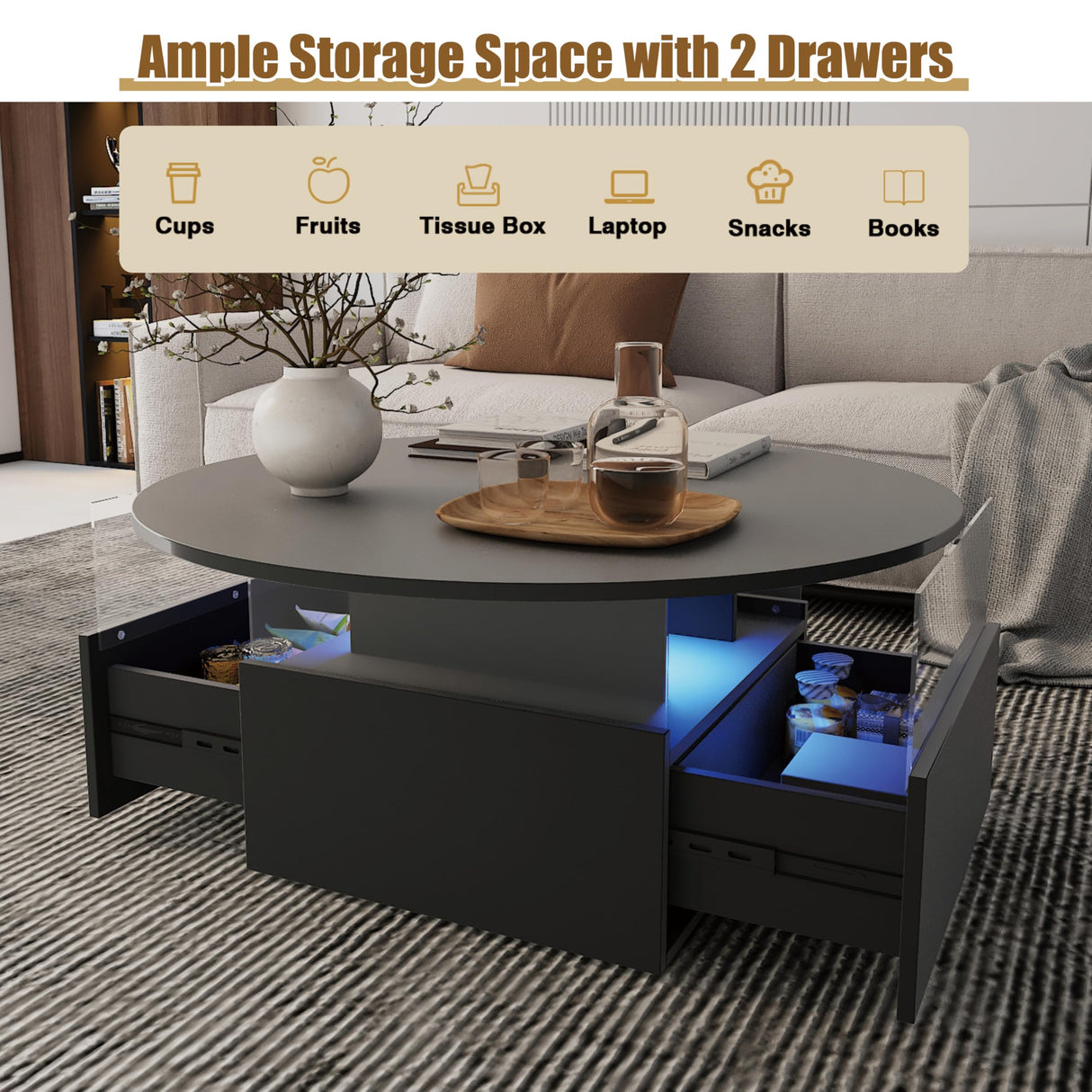 HedoAjim 31.5" Round Coffee Table for Living Room, LED Modern Living Room Table with Storage, Square Acrylic Coffee Tables with 2 Sliding Drawers, Wood Center Table for Reception Dinning Room, Black HedoAjim