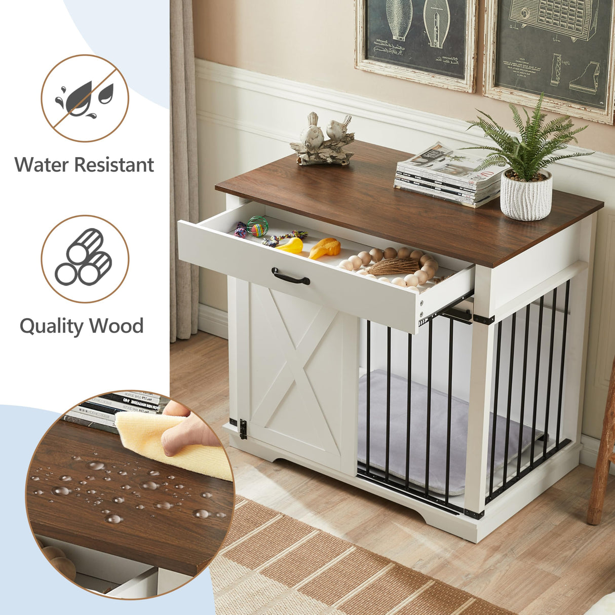 KACVON 37.8" Dog Crate Furniture - Indoor Wooden Dog Kennel Furniture with Sliding Barn Door and Storage Drawer, White KACVON