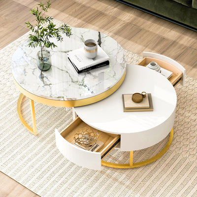 Modern Round Nesting Coffee Table with Drawers for Living Room in White
