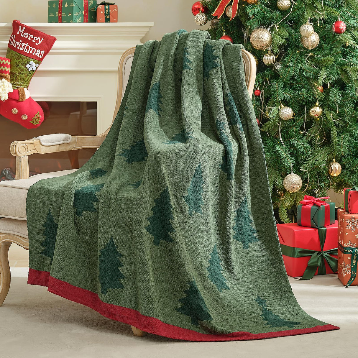Amélie Home Christmas Throw Blanket for Couch, Reversible Pattern Christmas Tree Themed, Chenille Knit Xams Soft Cozy for Bed Home Decor Gift for Family, 50" x 60", Christmas Tree Amélie Home