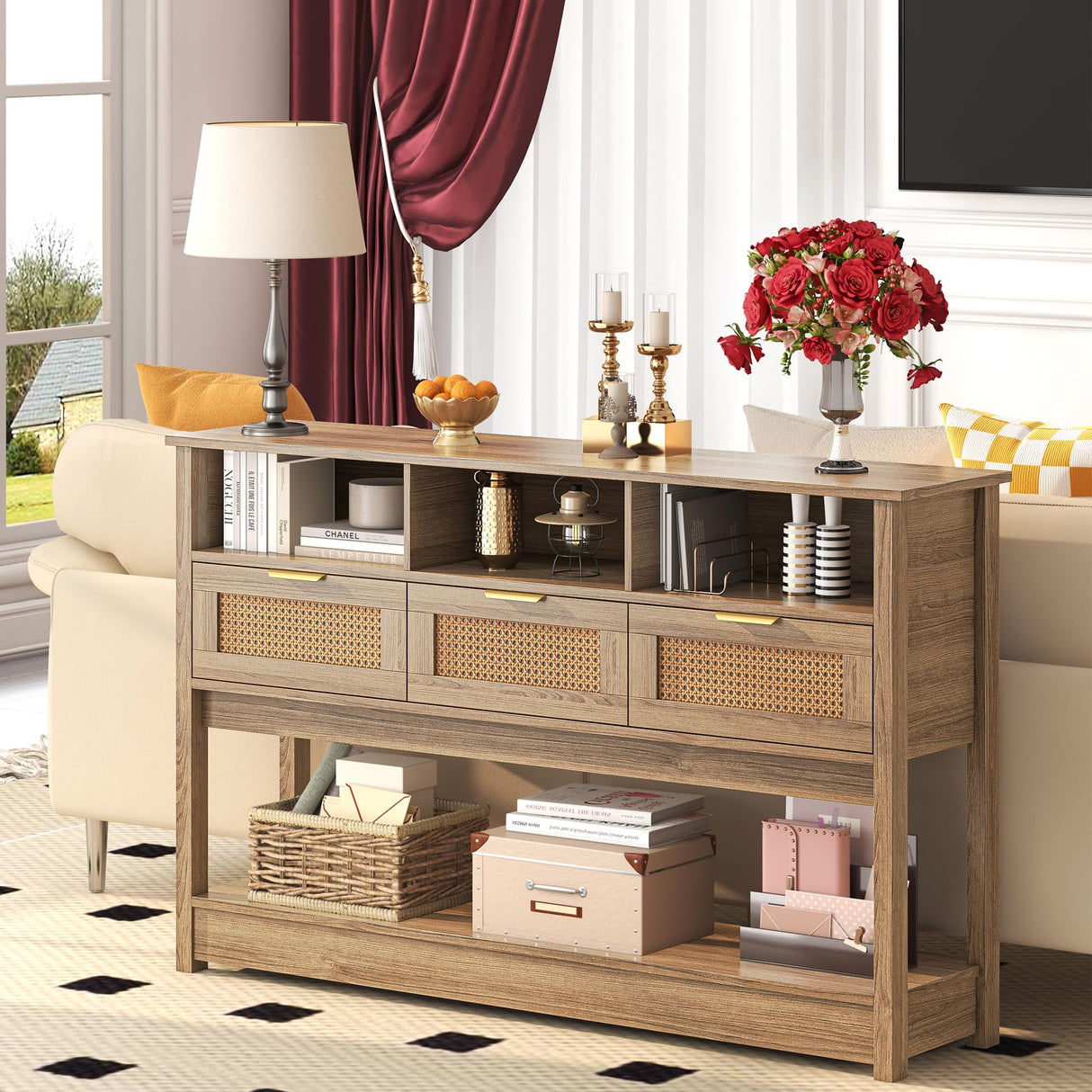 knoworld Rattan Console Table, Entryway Table Sofa Table with Storage, Hallway Foyer Table Behind Couch Table, Wood Console Tables Open Storage Shelf for Living Room, Hallway knoworld