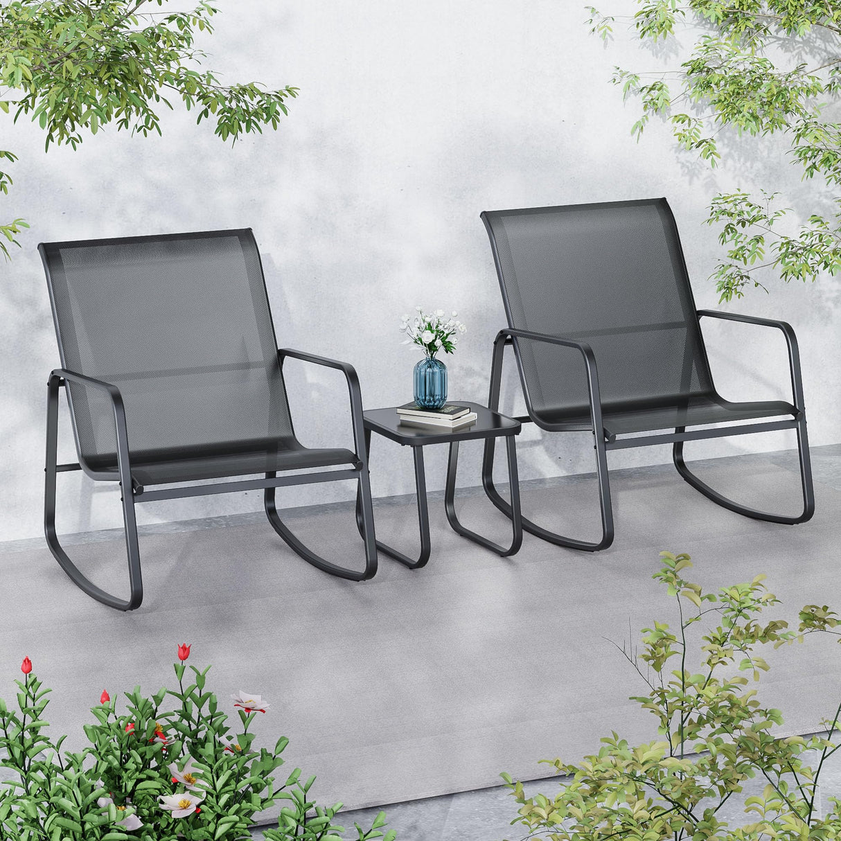 Ainfox 3 Piece Patio Furniture Set, All Weather Textile Outdoor Conversation Set with Rocking Bistro Chairs and Table, Small Patio Bistro Set for Backyard, Lawn, Garden, Poolside (Black) Ainfox