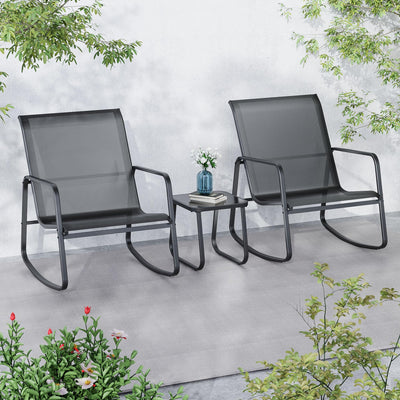 Ainfox 3 Piece Patio Furniture Set, All Weather Textile Outdoor Conversation Set with Rocking Bistro Chairs and Table, Small Patio Bistro Set for Backyard, Lawn, Garden, Poolside (Black)