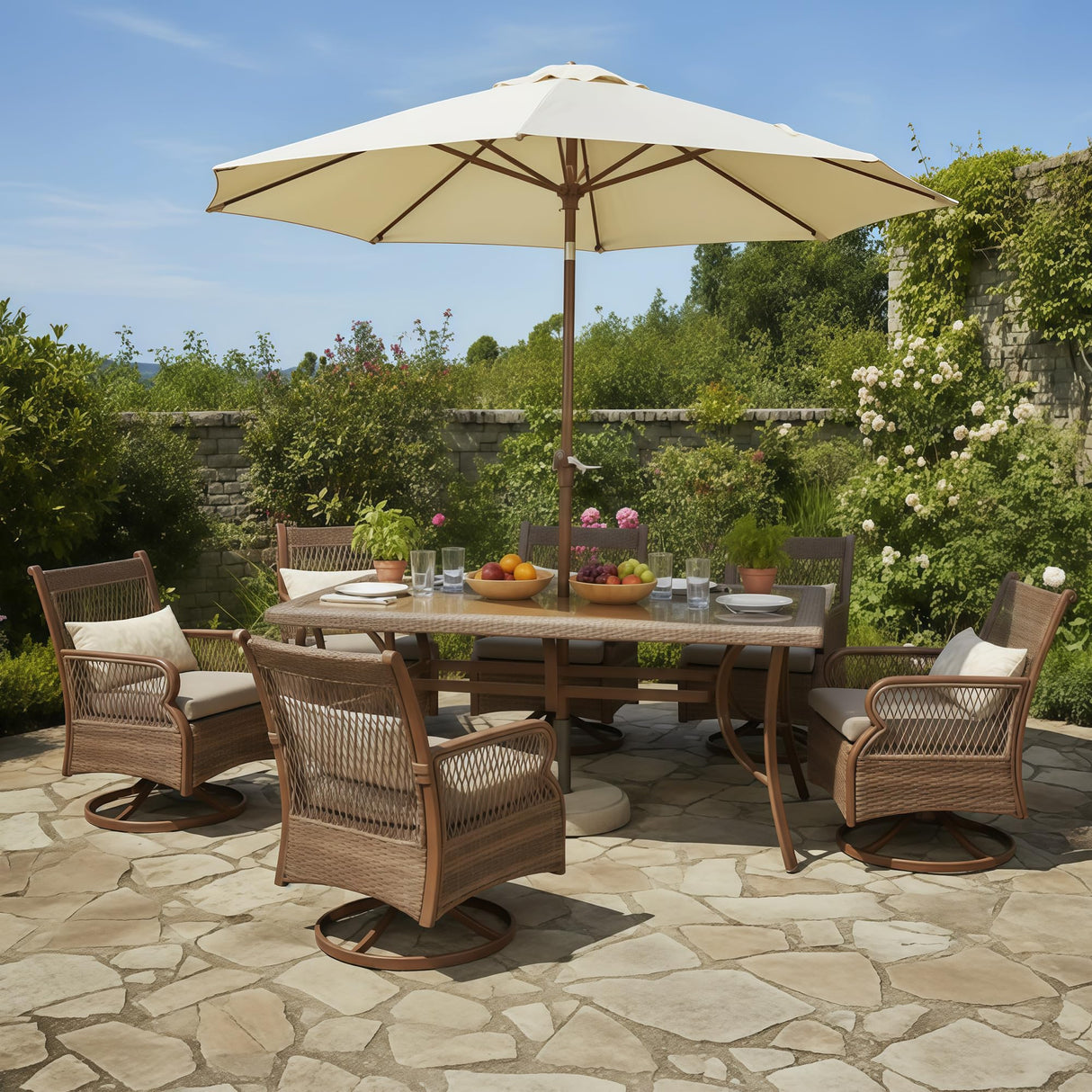 PURPLE LEAF Outdoor Dining Set for 6 All Weather Wicker Patio Dining Set with Hand-Woven Rattan Swivel Dining Chais and Rectangular Aluminum Table for Garden Deck Backyard Kitchen PURPLE LEAF