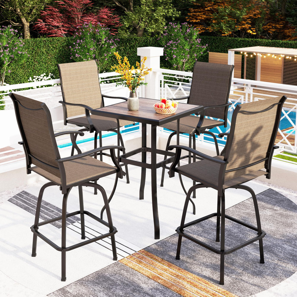 PHI VILLA 5 Piece Outdoor Bar Set with Swivel Patio Bar Stools, Patio Bar Bistro Table and Chairs with Brown Textilene Fabric & Square Bar Table for Deck, Balcony and Garden PHI VILLA