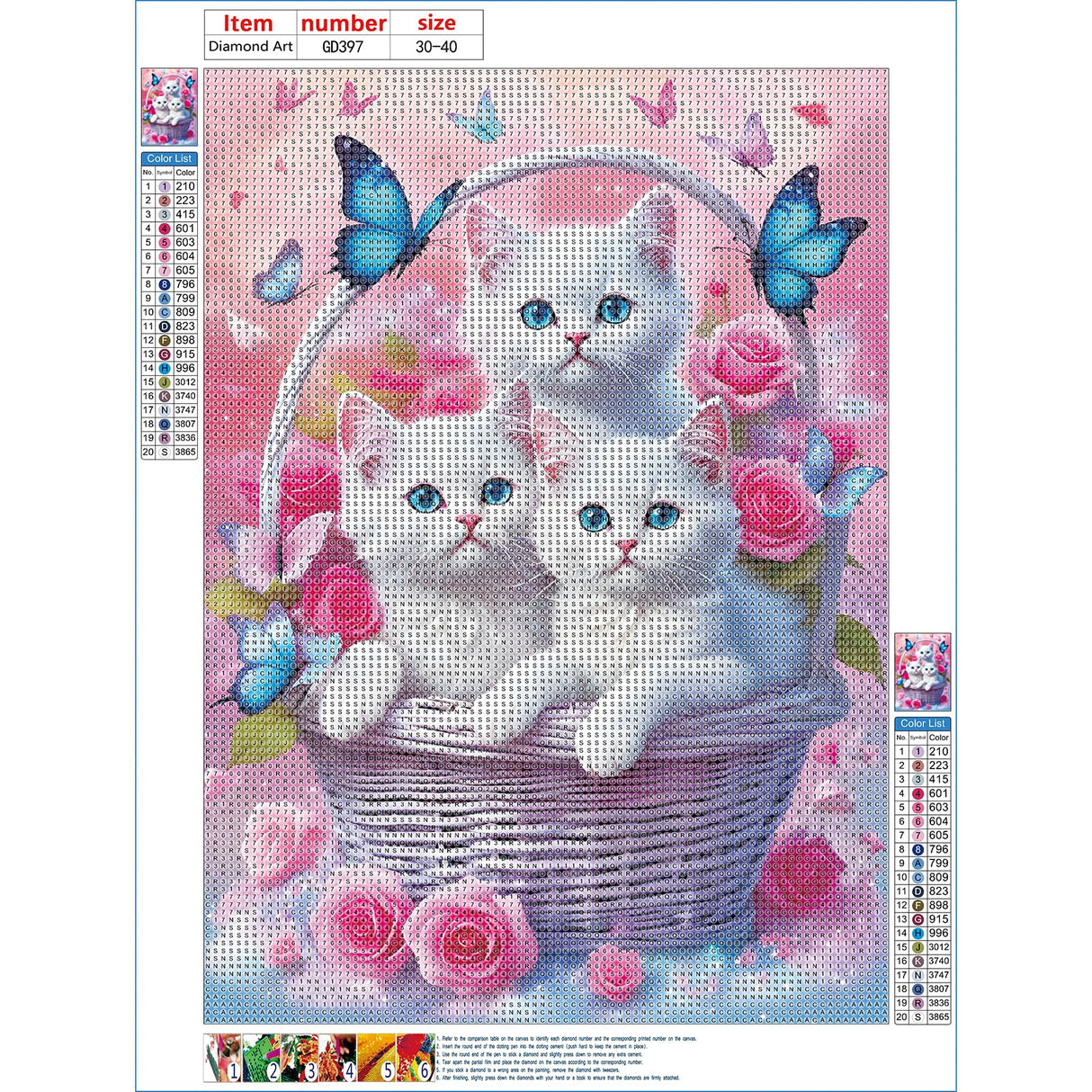 GDYEEH DIY 5D White Kitten Diamond Art Kits, Round Full Drill Butterfly Cat Diamond Painting Picture, Flower Basket Painting by Numbers Art Kits for Adults Beginners Home Wall Decor 12x16 inch GDYEEH