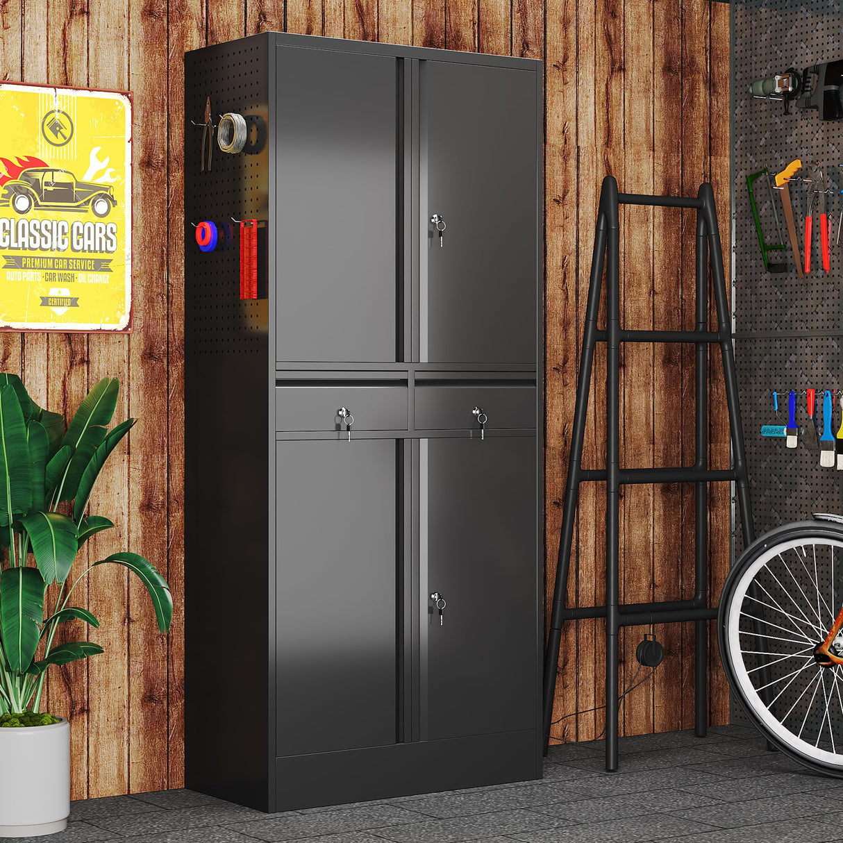 GLADIW Garage Storage Cabinet, Metal Storage Cabinet with 2 Drawers and 2 Adjustable Shelves, Metal Lockers with Pegboards for Homes, Offices, Kitchens, Schools and Pantries GLADIW